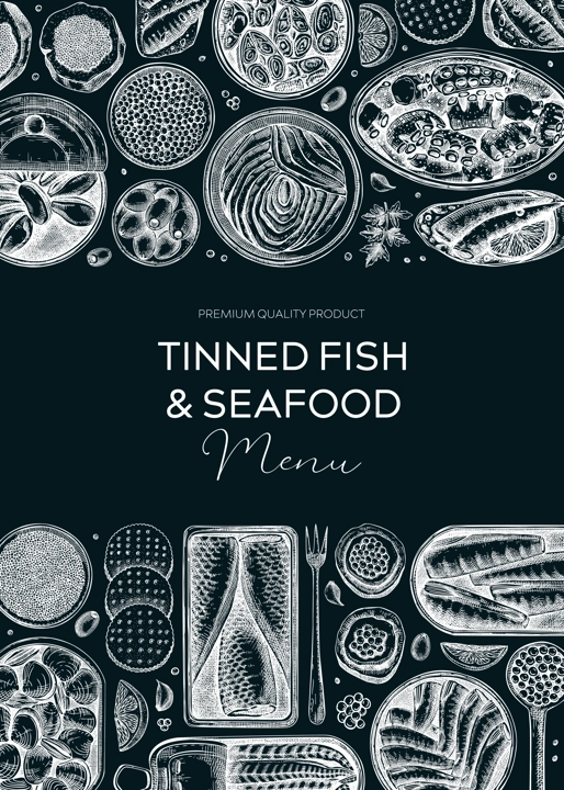 Canned fish frame on chalkboard. Seafood background with hand-drawn sardines, anchovy, mackerel, tuna, mussels in tin cans, fish canapes drawings. Finger food party banner or flyer. Tinned fish sketch